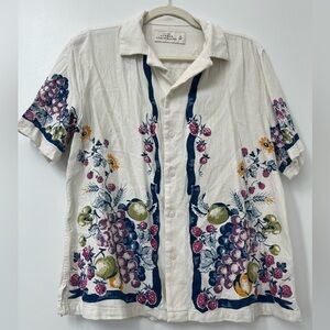 Summer Linen Blend Collared Button Up with Fruit Pattern